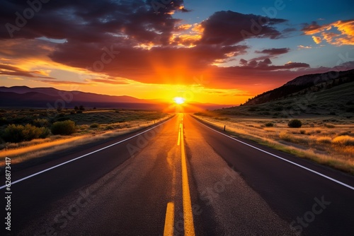 Asphalt road with majestic sunset. Beautiful illustration picture. Generative AI