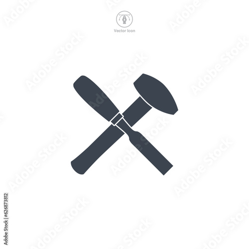 carpentry woodword mechanic hammer chisel cross icon symbol vector illustration isolated on white background