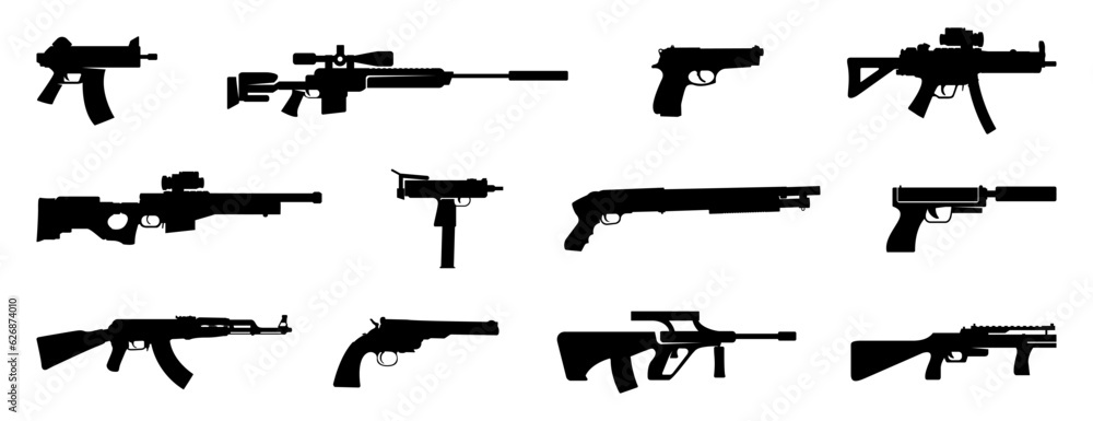 Weapon silhouette collection. Set of black weapon silhouette in side view. Weapon, shotgun, rifle, sniper rifle, gun - obrazy, fototapety, plakaty 