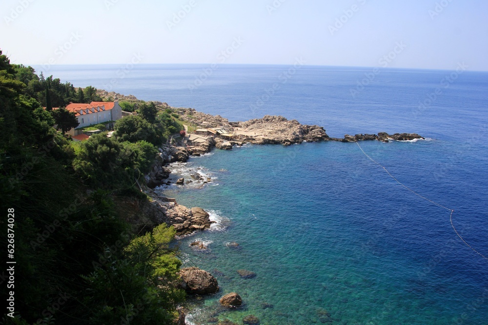 Clear Blue Water Adriatic Sea coastline view with tree, agave, plant and stone in front, Dubrovnik, Croatia