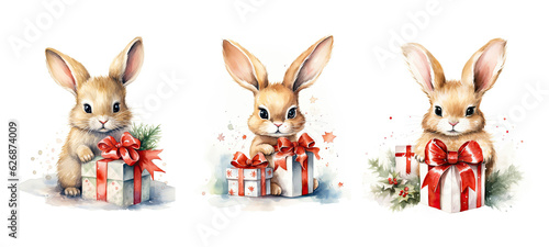 hare cute rabbit with christmas gift watercolor ai generated