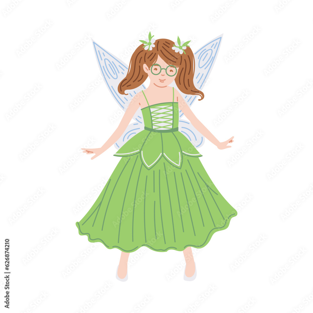 Pretty princess in green dress with flowers in hair, romantic fairy with wings, multi ethnic princesses vector collection Pretty princess in green dress with flowers in hair, romantic fairy with wings, multi ethnic princesses vector collection