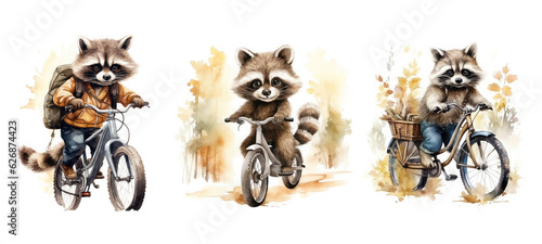 funny cute raccoon on bike watercolor ai generated photo