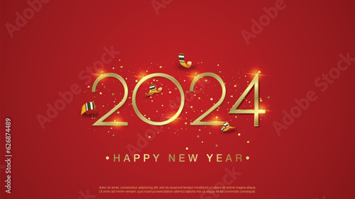 2024 happy new year, luxury gold number of 2024 on red background.