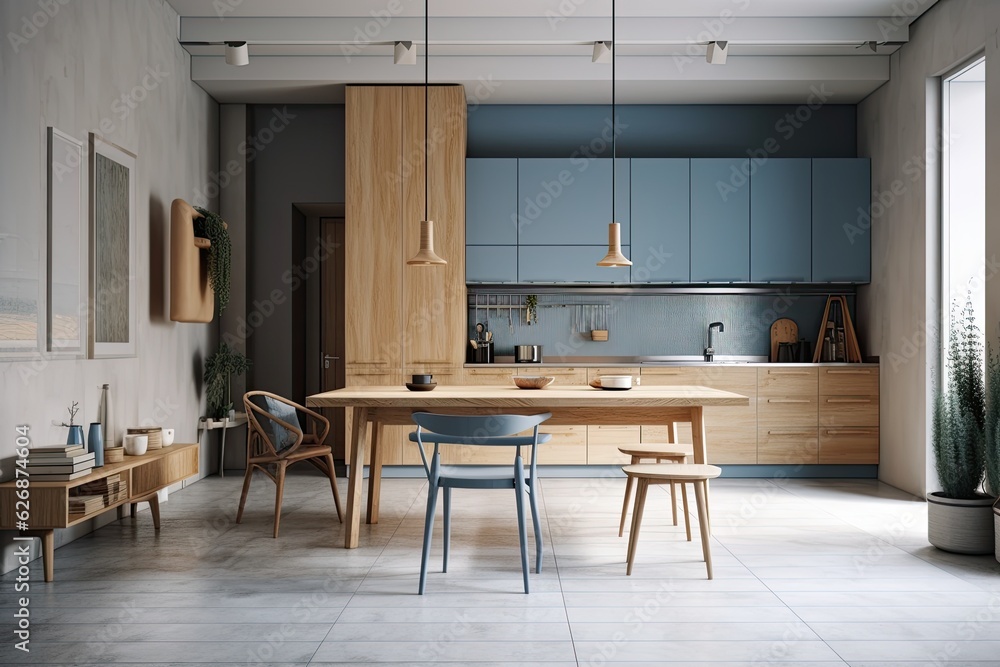 Interior of a white and wooden kitchen with blue cupboards, concrete flooring, a wooden table, and gray armchairs. a mockup. Generative AI Interior of a white and wooden kitchen with blue cupboards, concrete flooring, a wooden table, and gray armchairs. a mockup. Generative AI