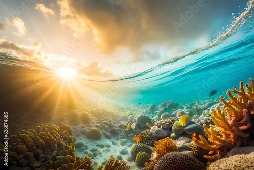 abstract seascape of tropical underwater life, seashells and marine life illustration created with generative ai technology