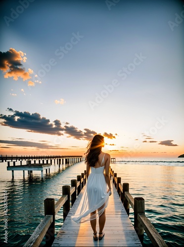 Kobieta w białej sukience stoi na molo i podziwia zachód słońca © Bartosz