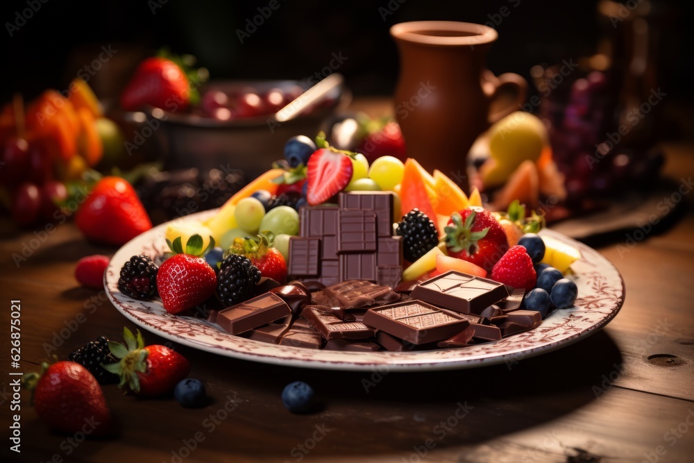 Chocolate plate on on the table, with fruits. Beautiful illustration picture. Generative AI