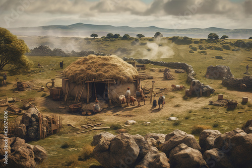 Prehistoric human settlement with people living there, AI generated illustration.