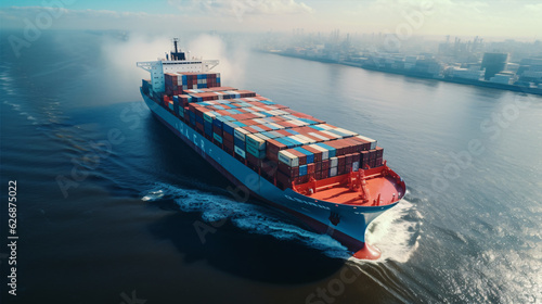 Aerial top view of cargo maritime ship with contrail in the ocean ship carrying container. Export concept. Technology freight shipping by ship forwarder mast.