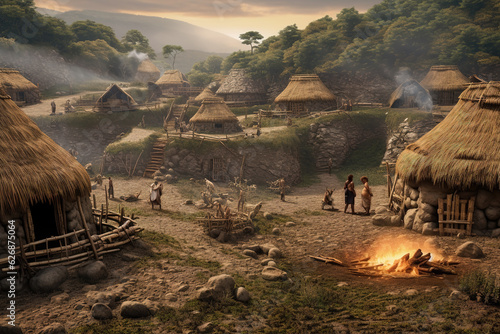 Prehistoric human settlement with people living there, AI generated illustration.