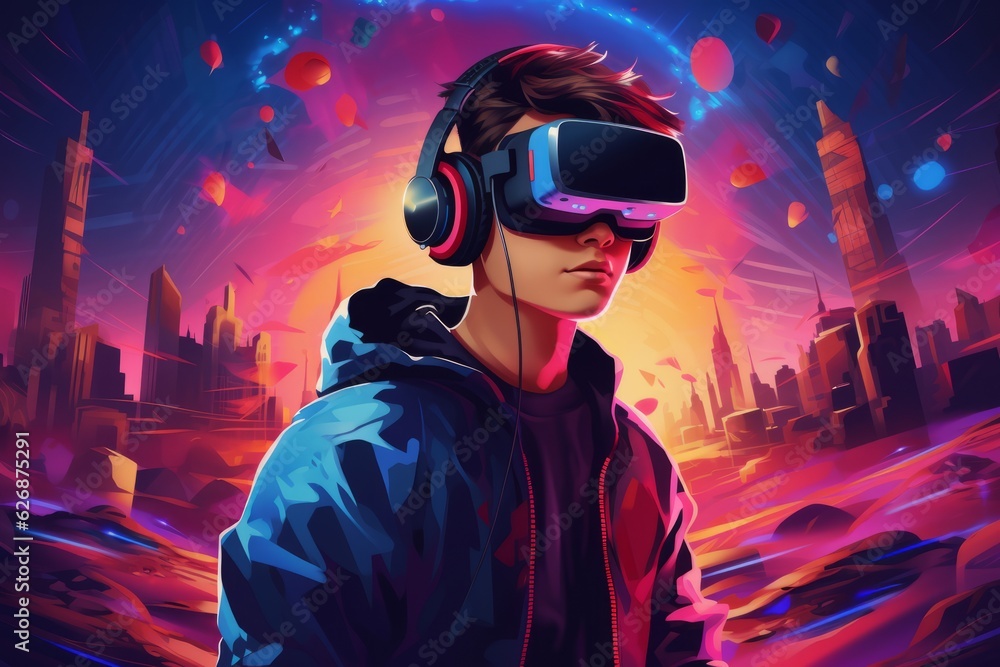 Concept of virtual reality technology, boy in glasses. Beautiful illustration picture. Generative AI Concept of virtual reality technology, boy in glasses. Beautiful illustration picture. Generative AI
