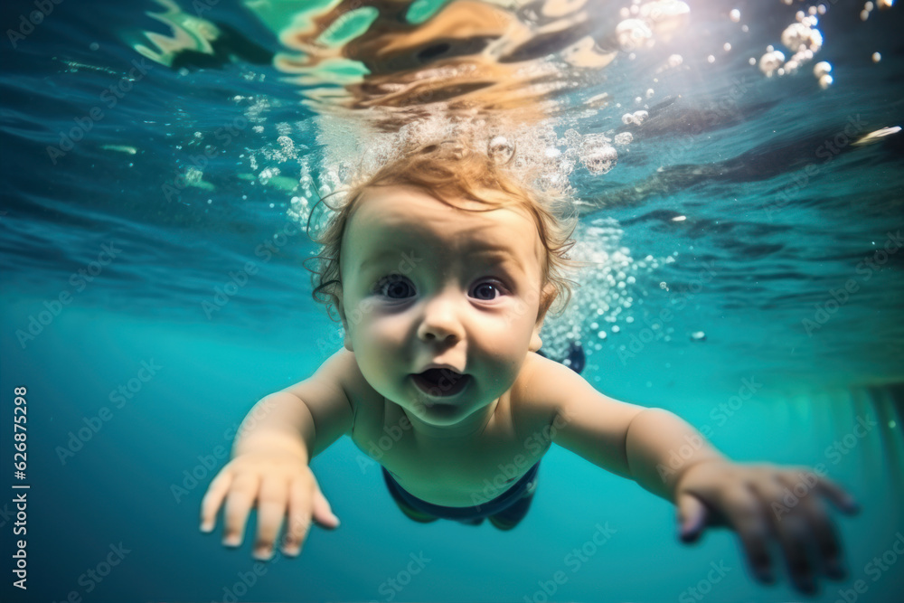 LIttle baby, infant diving in swimming pool, underwater fun