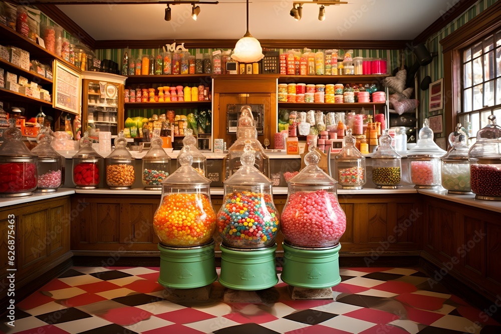 The charming interior of an old-fashioned candy store, filled with jars of sweets, invoking nostalgia. - obrazy, fototapety, plakaty 