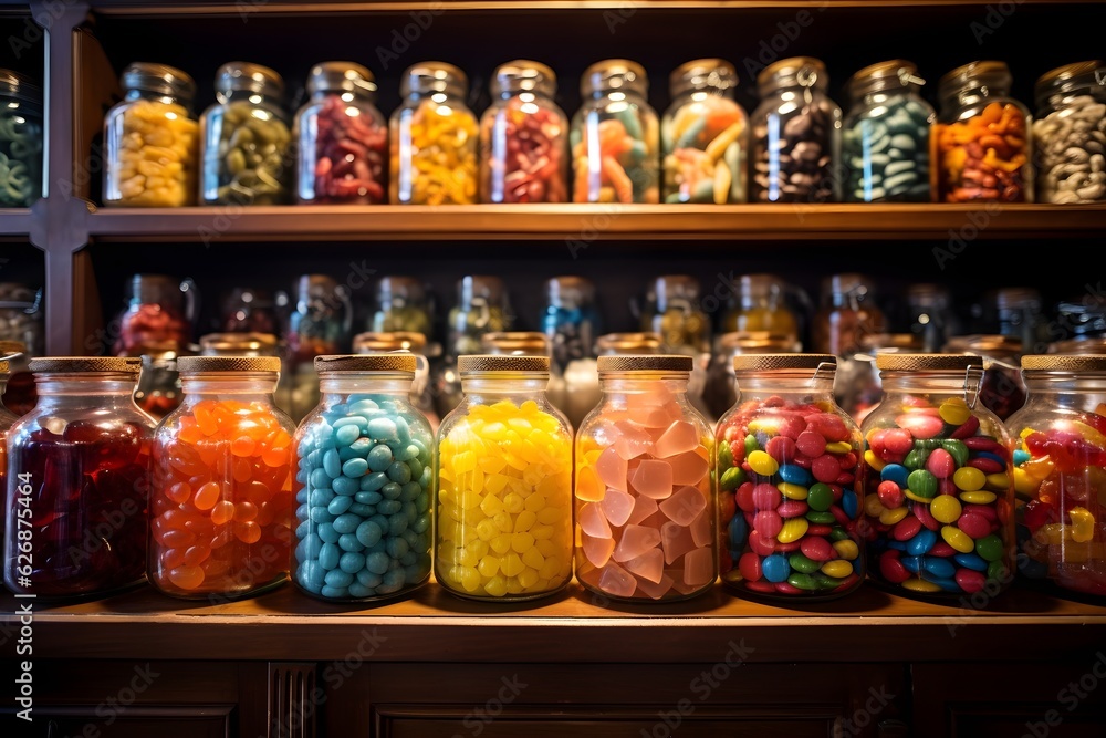 An enticing image of a candy shop with rows of jars filled with a variety of sweets, symbolizing choice and abundance.