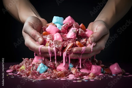 Hands pulling apart a gooey, stretchy candy, showcasing texture and playfulness.