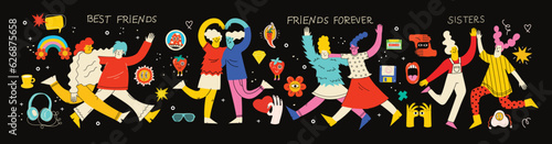 Best friends concept illustration. Vector illustration of multicultural girls and multicultural friendship. Happy friendship day. Teenage girl friends hugging and having fun.