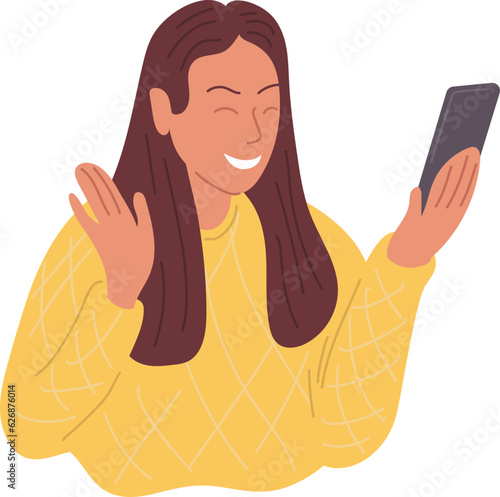 A happy girl makes a video call on the phone and greets her interlocutor. Vector illustration.