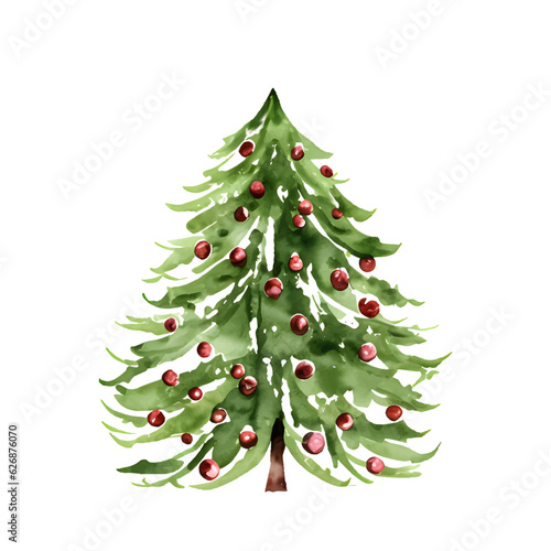 Vector watercolor Christmas tree with balls isolated on white