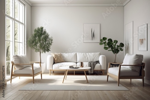 Interior of a contemporary white living room with a white sofa  small entrances  and a wooden floor. Two mock up black armchairs. Generative AI