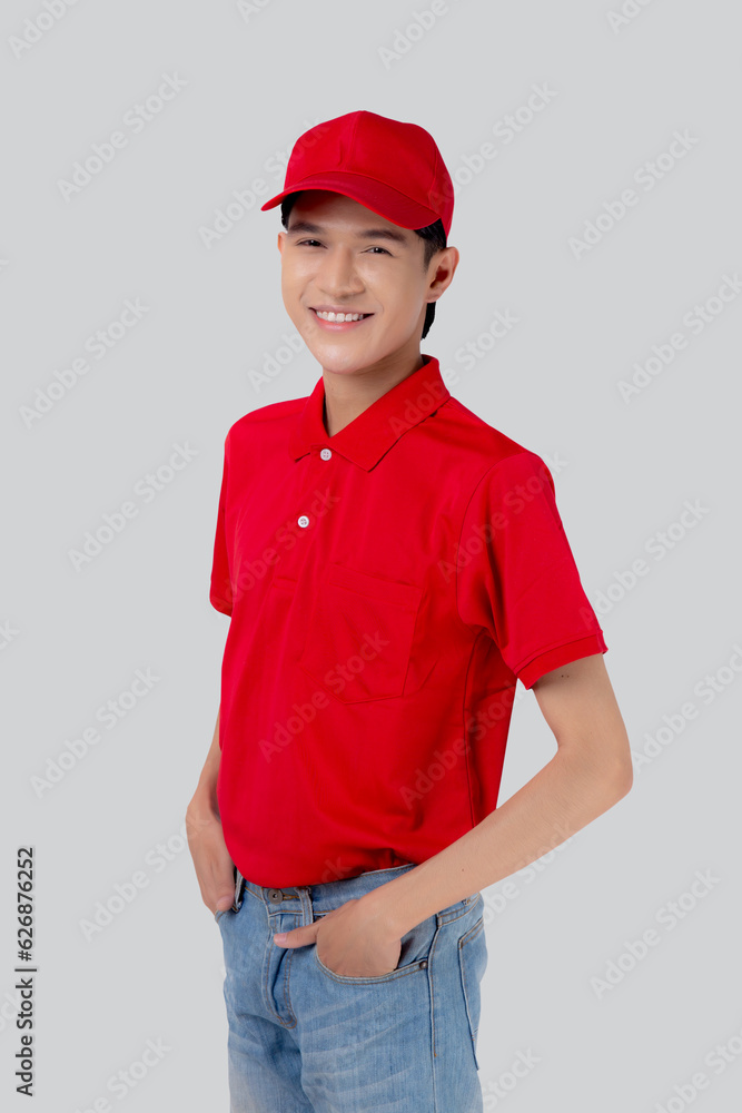 Portrait young asian man in uniform standing and smile with confident isolated white background, employee or dealer, courier and delivery, deliveryman and expression, logistic and cargo, one person. Portrait young asian man in uniform standing and smile with confident isolated white background, employee or dealer, courier and delivery, deliveryman and expression, logistic and cargo, one person.
