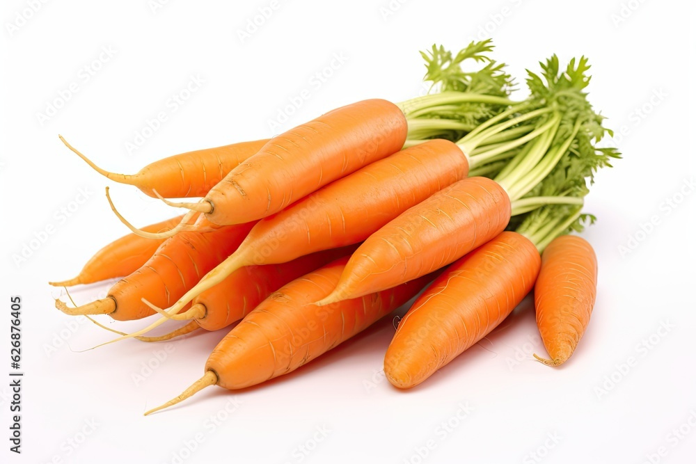 Bunch of carrots on white, raw vegetables, generative AI Bunch of carrots on white, raw vegetables, generative AI