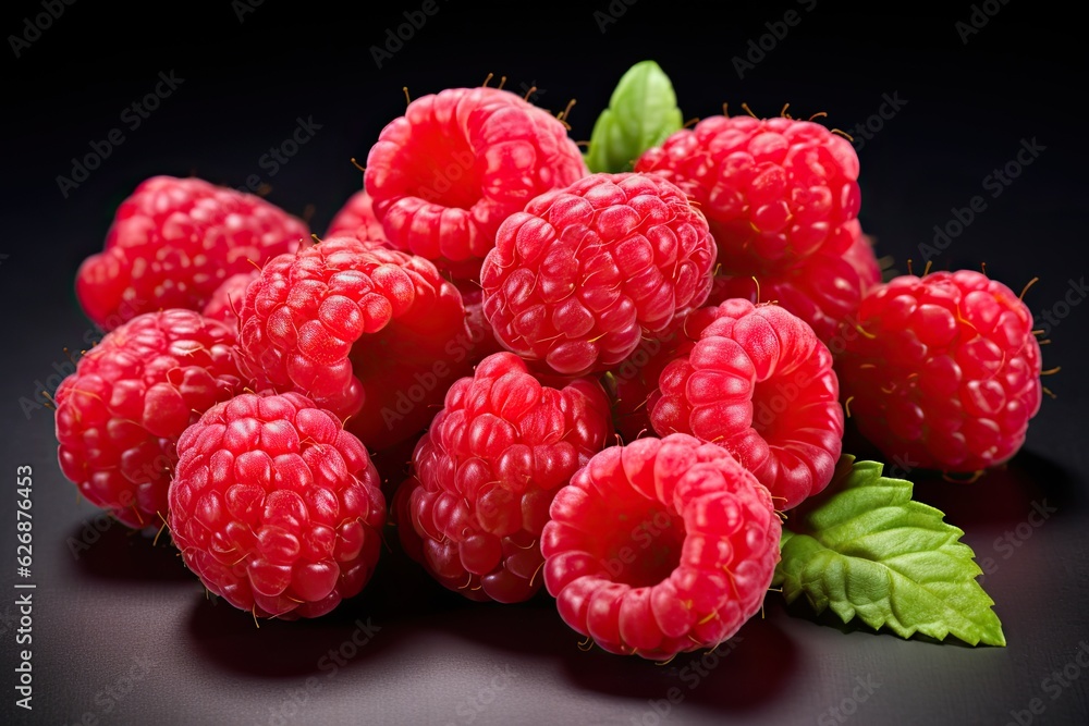 Bunch of raspberries on a black background, generative AI Bunch of raspberries on a black background, generative AI