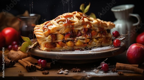 sweet apple pie with white sugar sprinkles on a wooden tray and blurred background