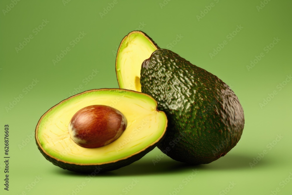 Avocados on green background, generative AI