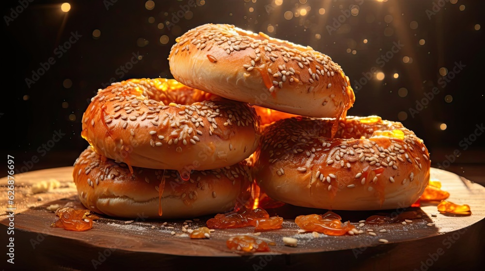 bagels bread with sprinkled sugar and sesame seeds on wooden table background blur