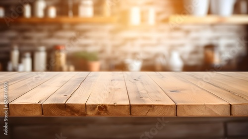 деревянный стол в ресторане на фоне кирпичной стены и кухонных принадлежностей © Artem