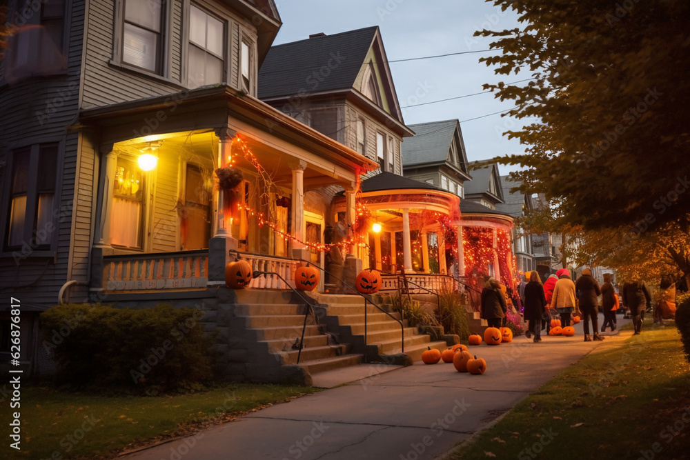 A street with houses decorated for halloween