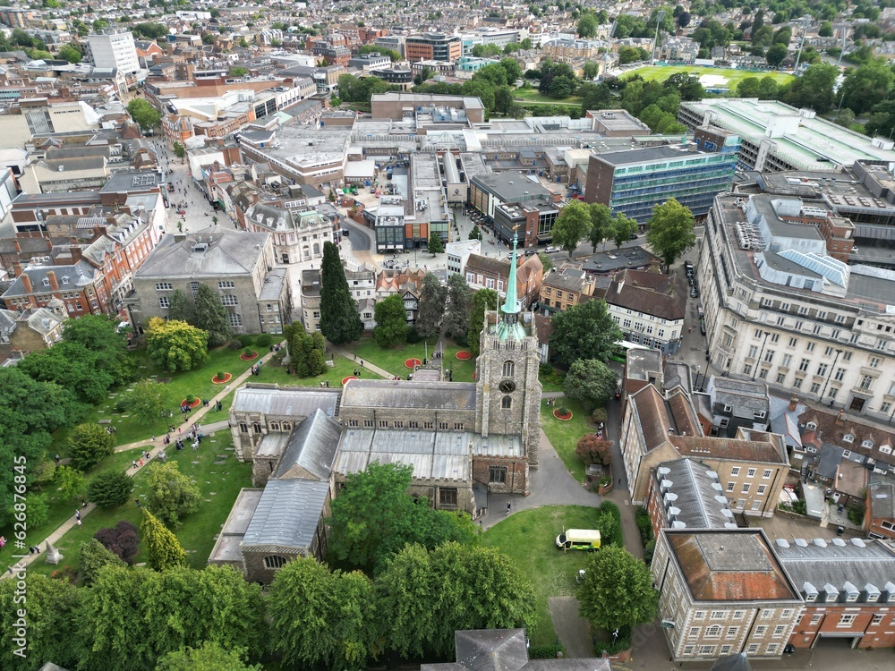 Chelmsford  Cathedral, Essex UK Aerial drone view from above city in background