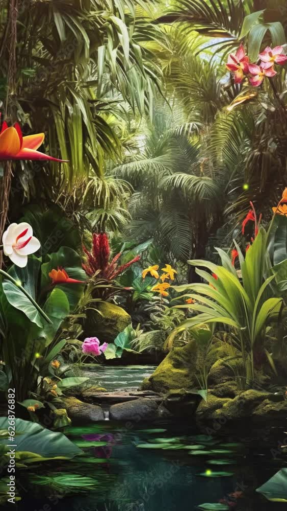 Beautiful tropical rainforest with cliffs and tree. Cartoon or anime watercolor painting illustration style. seamless virtual vertical video animation background. Beautiful tropical rainforest with cliffs and tree. Cartoon or anime watercolor painting illustration style. seamless virtual vertical video animation background.