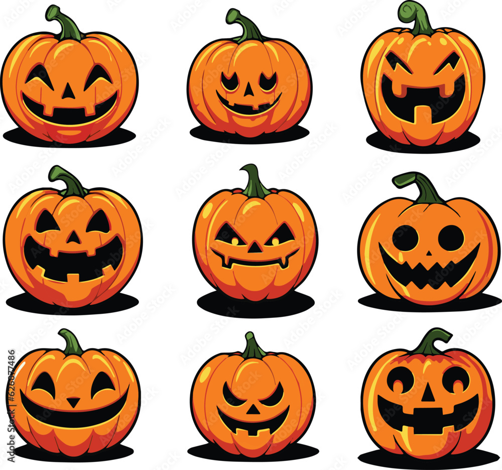 Vector set of Halloween Pumpkins with Carved Jack-O-Lantern Faces. Vector set of Halloween Pumpkins with Carved Jack-O-Lantern Faces.