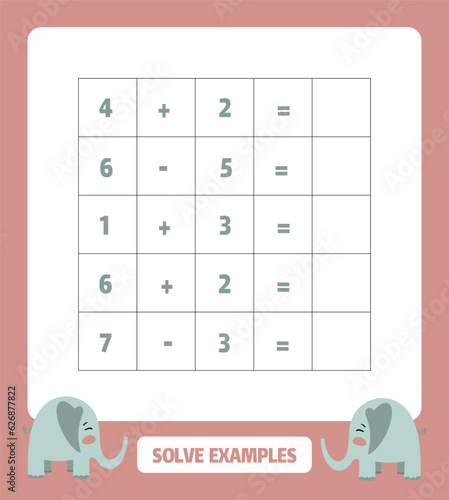 Game for children. Addition and subtraction.Elephant in cartoon style. Education developing worksheet.