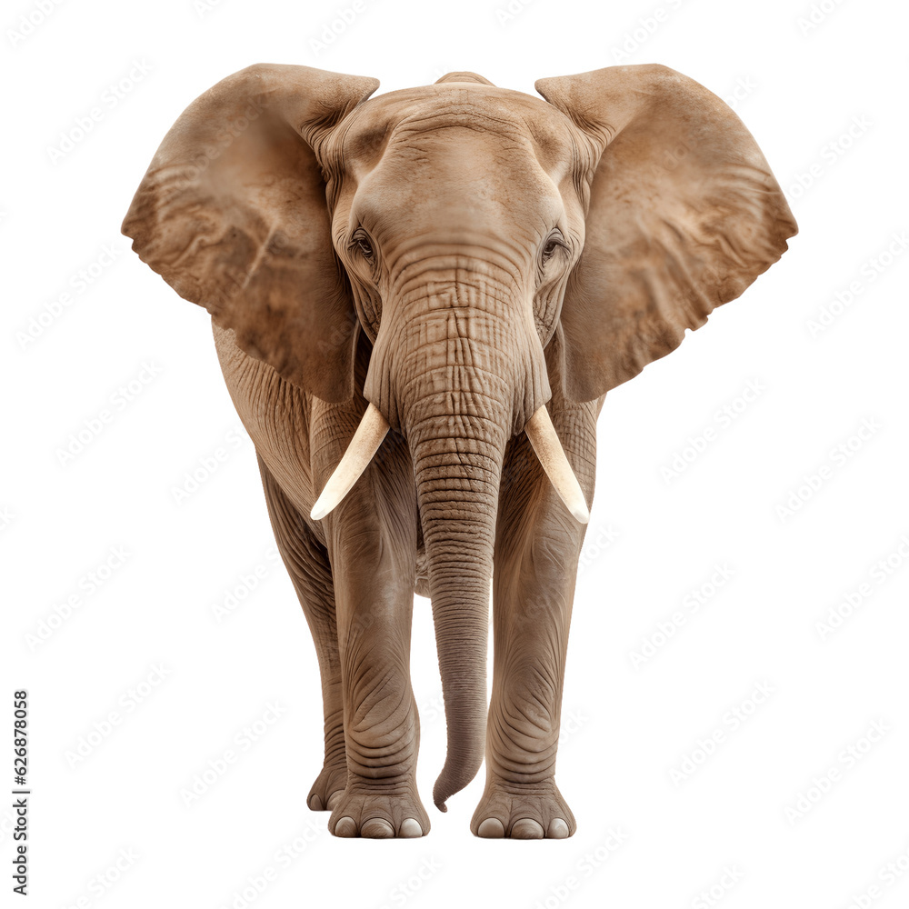 Elephant standing isolated on white background, transparent