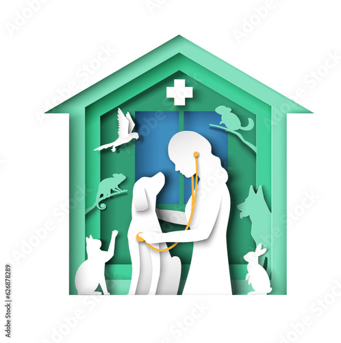 Female veterinarian doctor providing dog checkup papercut vector