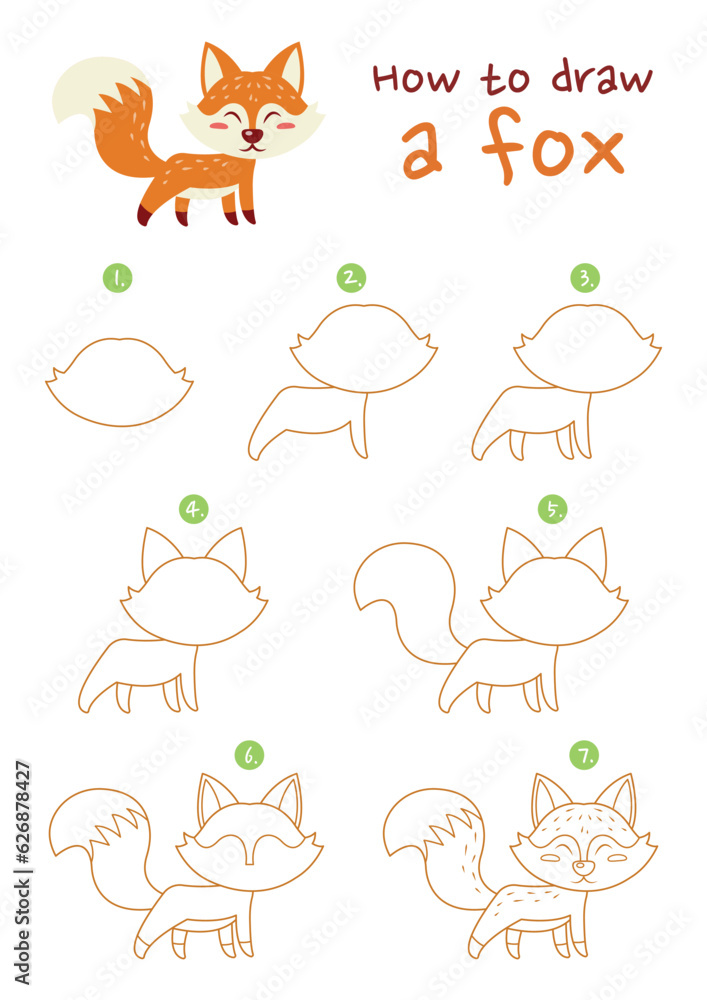 How To Draw A Fox Vector Illustration Draw A Fox Step By Step Cute