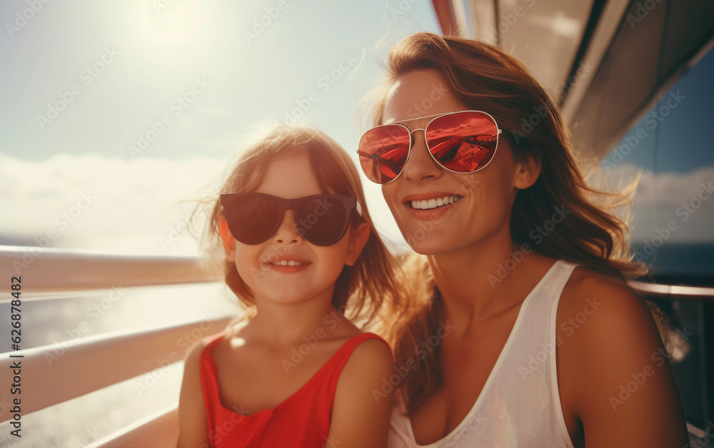 Lifestyle portrait of happy mother and daughter vacationing together on sunny cruise ship deck looking out at ocean