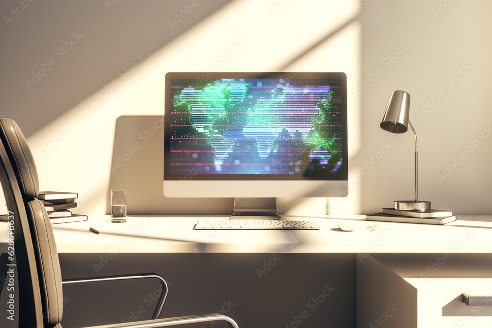 Modern computer monitor with abstract digital world map, research and strategy concept. 3D Rendering Modern computer monitor with abstract digital world map, research and strategy concept. 3D Rendering