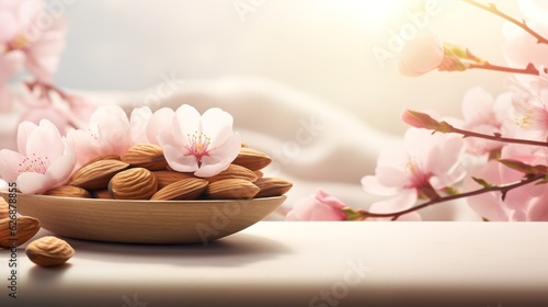 Wallpaper Mural Almond nuts in a bowl with almond blossoms, Generative AI Torontodigital.ca