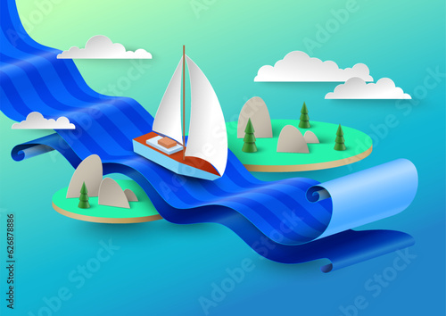 Sea voyage on sailboat vector illustration in papercut style