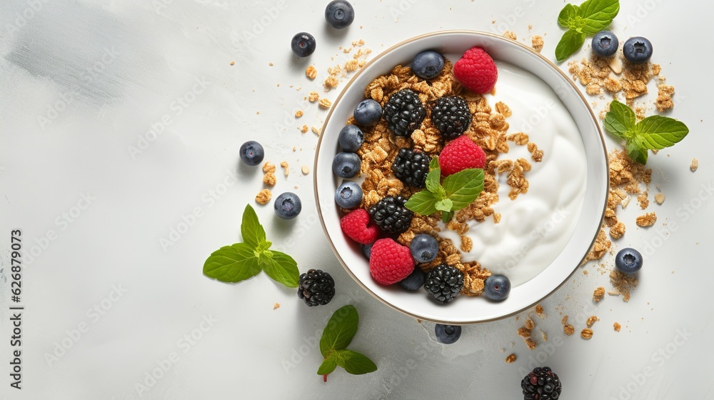 Healthy breakfast bowl with greek yogurt, oat granola and fruits. Weight loss, healthy lifestyle and eating concept. Generative AI Healthy breakfast bowl with greek yogurt, oat granola and fruits. Weight loss, healthy lifestyle and eating concept. Generative AI