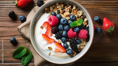 Healthy breakfast bowl with greek yogurt  oat granola and fruits.  Weight loss  healthy lifestyle and eating concept. Generative AI