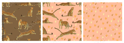 Set of seamless patterns with leopards and small plants. The predator lies, sits, jumps and stands. Cartoon style. Hand drawn. Vector illustration.