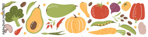 Vector Illustration Collection. Different vegetables on a white background. Zucchini pumpkin avocado peas beans onions potatoes carrots tomato pepper mushrooms broccoli olives rose hips beets . Vector