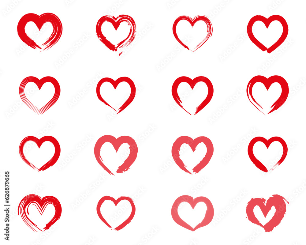 Set of red draw heart icon. Brush red heart icon collection