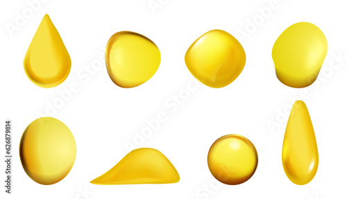 Realistic oil fluid drop collection. Set of realistic golden drop