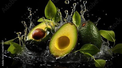 flying fresh avocado hit by splashes of water with black blur background